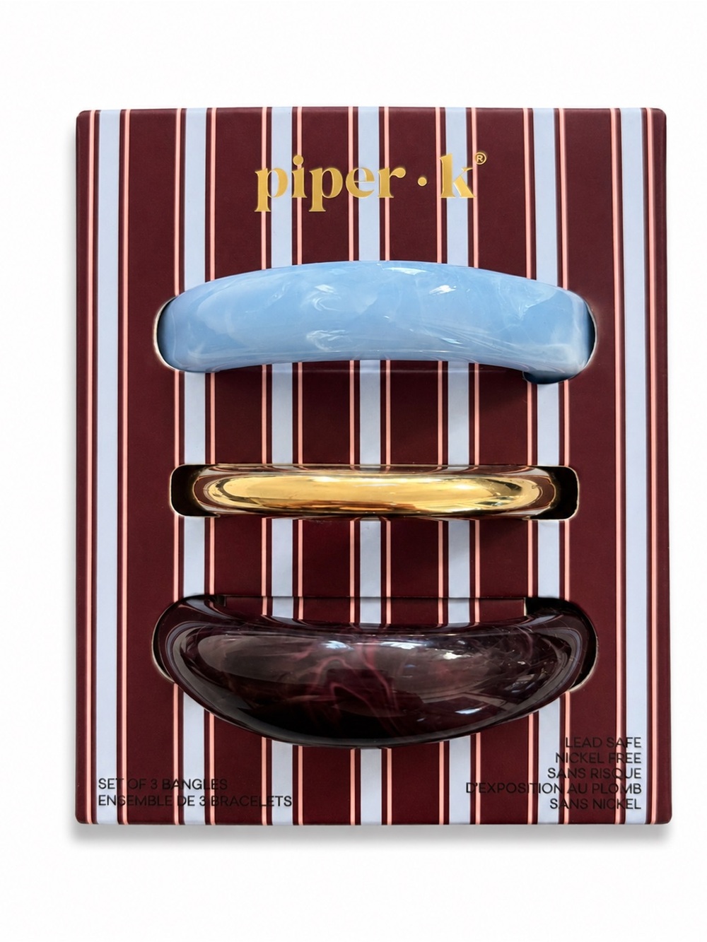 Piper Set of 3 Curved Bracelet Bangles — Light Blue, Gold, Maroon